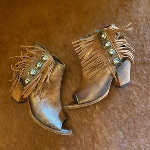 SOLD’Liberty Black Open Toe Concho/Fringed Booties